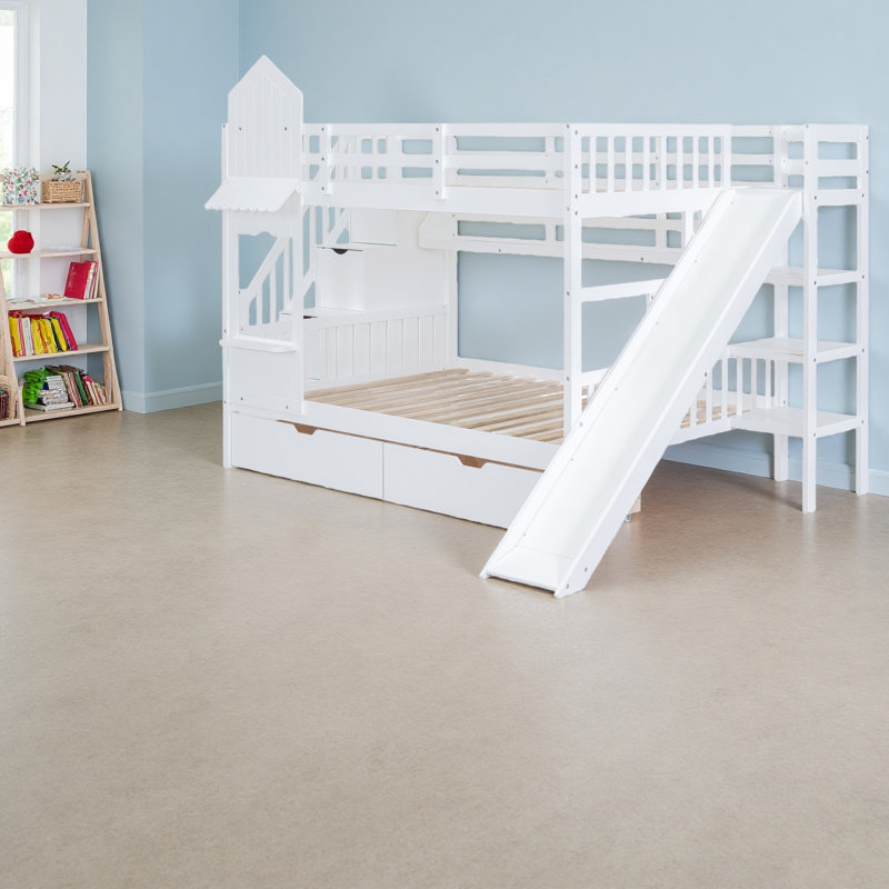 Full-Over-Full Castle Style Bunk Bed With 2 Drawers 3 Shelves And Slide, White