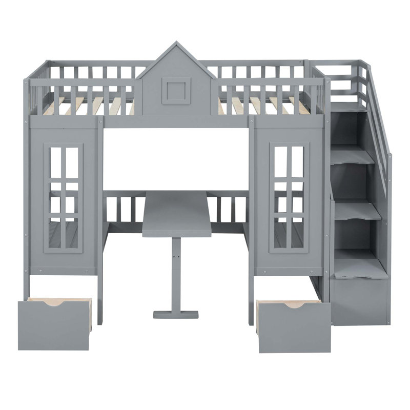 Bunk Bed With Changeable Table, Bunk Bed Turn Into Upper Bed And Down Desk, Grey, Twin