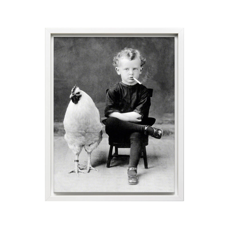 Garçon fumant une cigarette avec un poulet, Canvas, White Framed, 16"H x 20"W