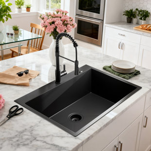 30 Inch Drop-In Single Bowl Kitchen Sink, 18 Gauge Black Stainless Steel Kitchen Sink, Handmade Topmount Sink With Black Pull Out Spring Neck Faucet