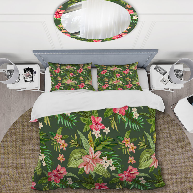 Green Leaf and Flowers - Ensemble de housse de couette floral - Polyester microfibre