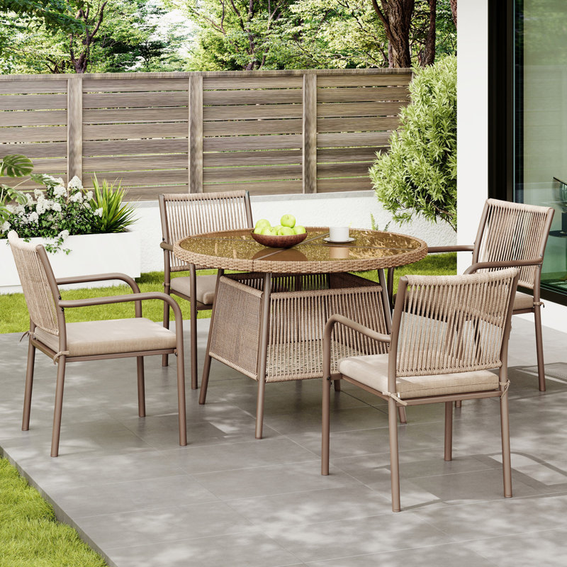 4 - Person Patio Dining Set with Round Table, Brown, Brown
