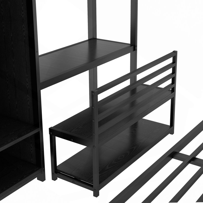 Structure de lit superposé avec garde-robe intégrée, lit superposé en métal avec bureau et chaises de rangement
