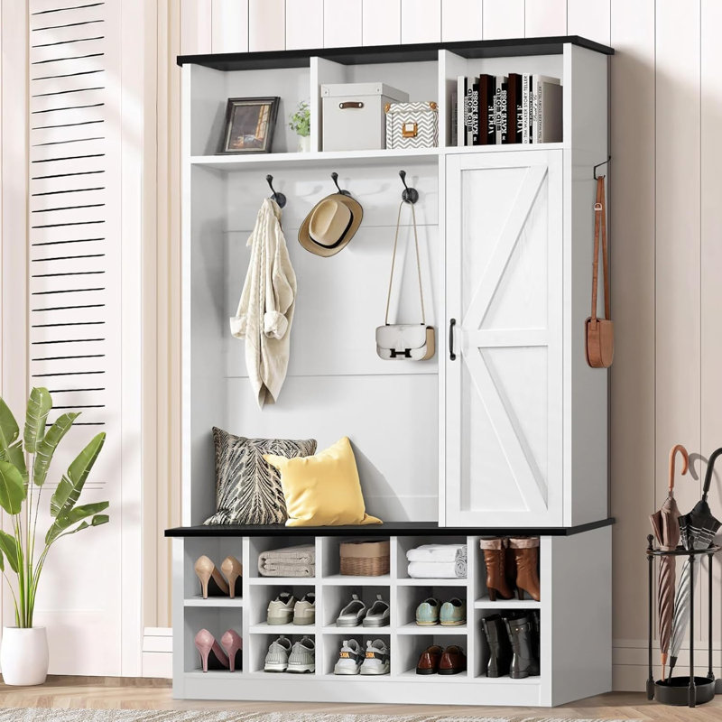 79 Inch Hall Tree with Shoe Storage, Farmhouse Mudroom Hall Tree with Bench and Coat Rack, White Entryway Bench with Barn Door, Adjustable Shoe Cubbies and 3-Tier Cabinet for Entryway