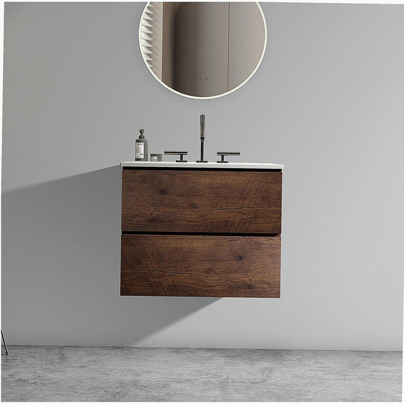 Meuble-lavabo mural en céramique avec trois trous de robinet, grand lavabo flottant de rangement, adapté aux salles de bain modernes, pré-assemblé