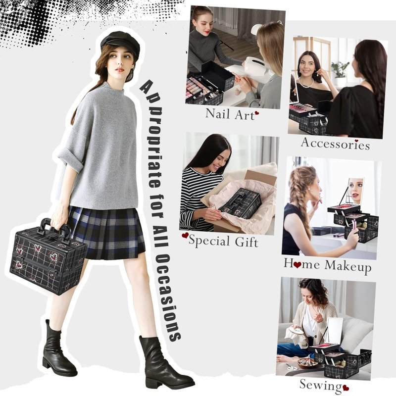 Boîte de maquillage Organisateur de trousse de maquillage portable 2 plateaux Boîte de rangement pour cosmétiques avec miroir pour fournitures de cosmétologue