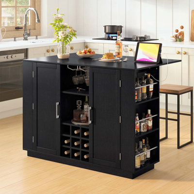 Wine Bar Cabinet with Bottle Rack and Glass Holder,with Drop Leaf,Power Outlet,Wine Rack