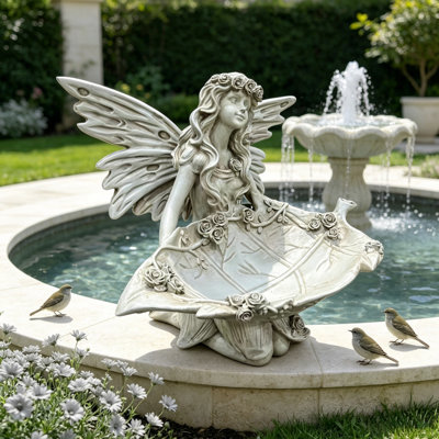 Statue de fée de jardin de 12,80 po de hauteur, statue d'ange en résine de 14,37 po de large avec plateau à feuilles, mangeoire à oiseaux multifonctionnelle et plateau décoratif pour l'extérieur et l'intérieur
