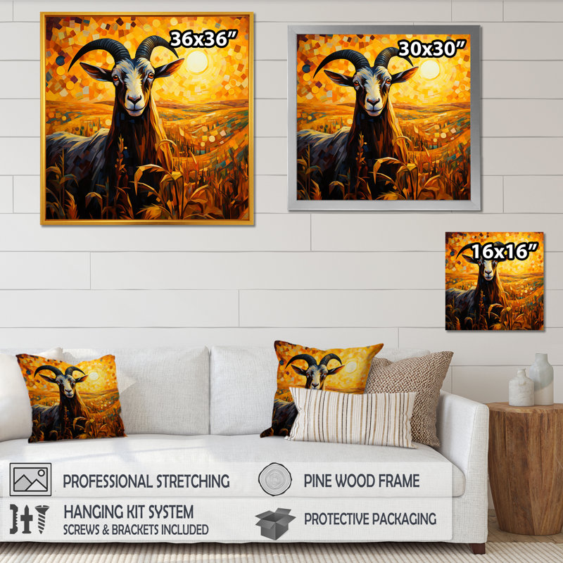 Coucher de soleil jaune, prairie, chèvre, art mural, Cadre flottant brun, H 16 po x l 16 po x P 1 po