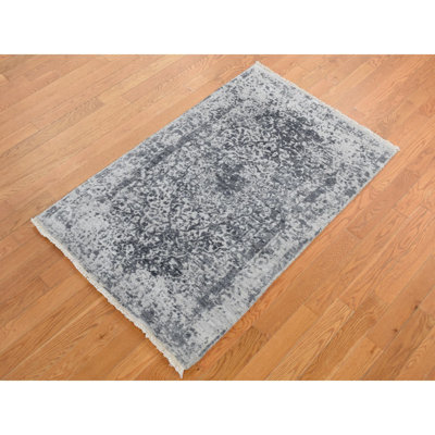 3'x4'10" Gray Erased Zoroastrian Design Wool and Silk Hand Knotted Rug 667C0D0DAFBC4B1CB3446FC9DAEB9A01