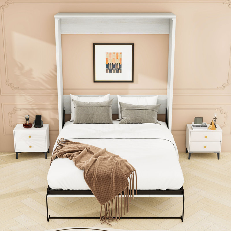 Queen Wood Murphy Bed with Slats , Rustic White