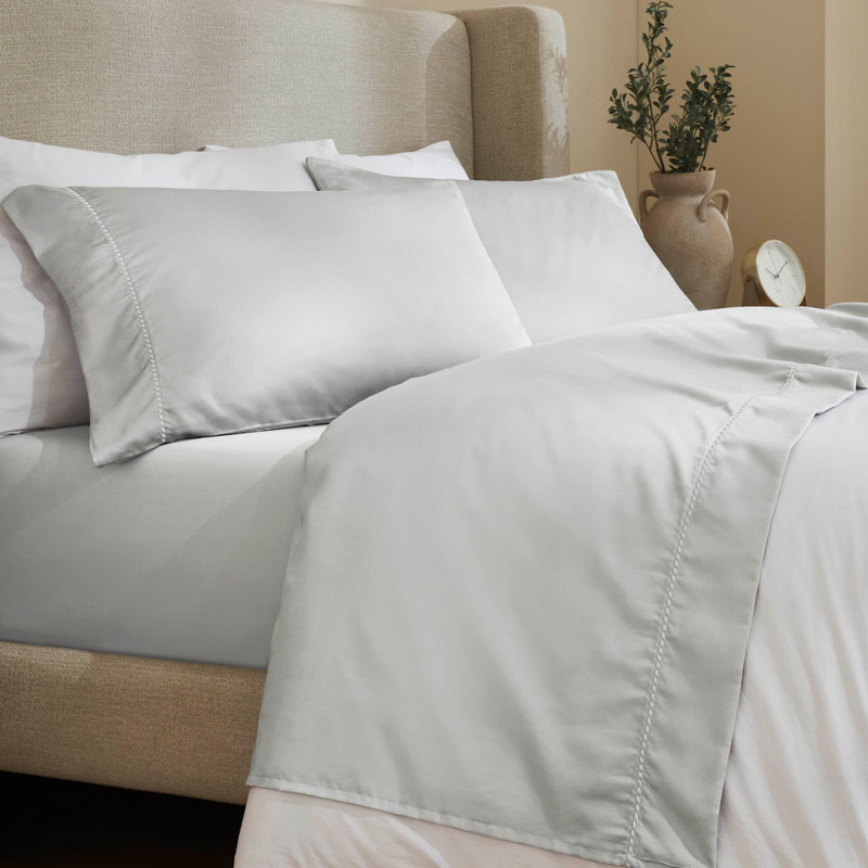 Ensemble de draps en coton mélangé à ourlet brodé 600 fils imperia, Ensemble de draps pour très grand lit avec 2 taie