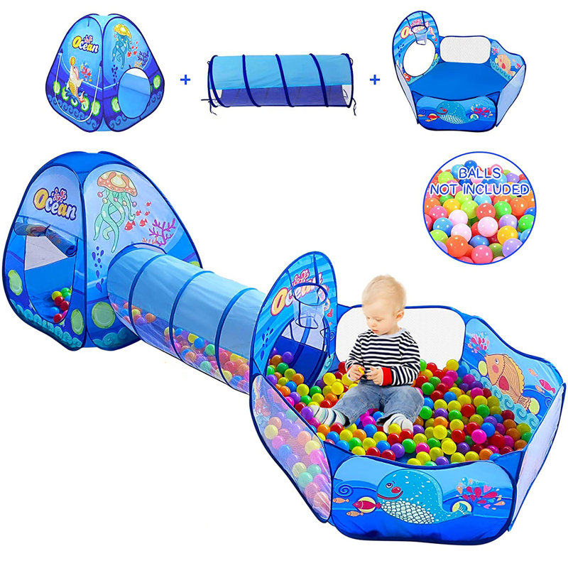 Kids Play Tent Ball Pit Tunnel Set, Foldable Ocean Theme 3-Piece Pop Up Dome Tent with Crawl Tunnel & Ball Pool for Toddlers