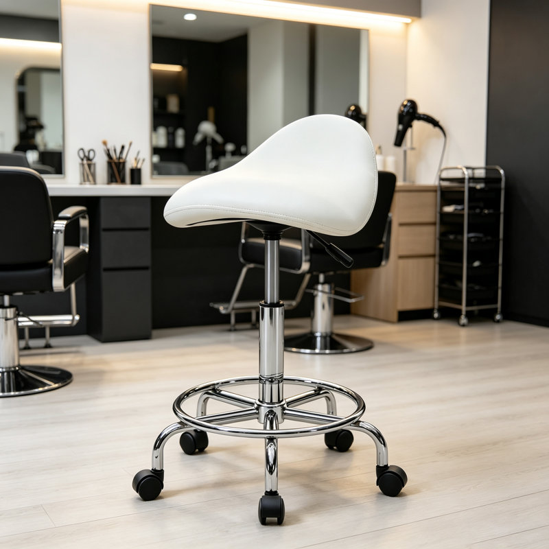 Tabouret de bureau pivotant à hauteur réglable avec repose-pieds, en similicuir et à roulettes, avec assise ergonomique en forme de selle, idéal pour les bureaux, les salons et les cliniques.