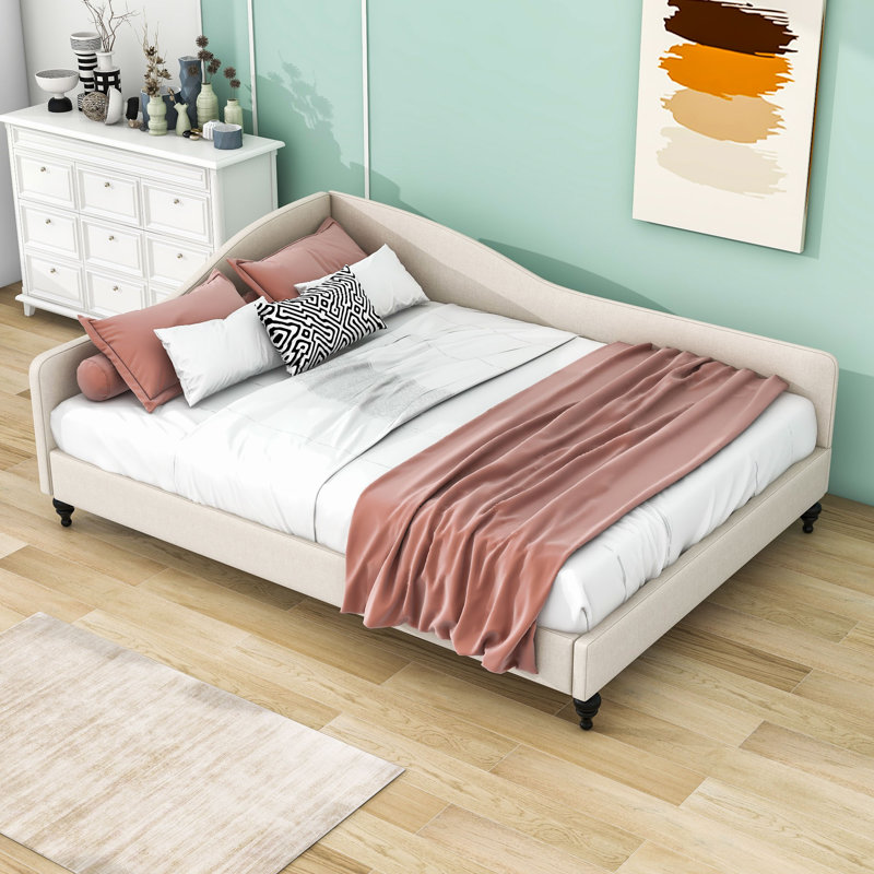 Wood Upholstered Daybed with Legs and Backrest, Beige, Full