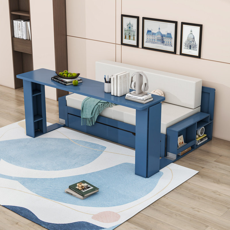 Daybed with Desk, Drawers and Side Table, Blue, Queen