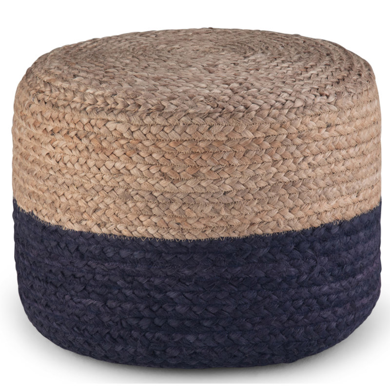 Lydia 18"W Hand Braided Jute Boho Round Pouf in Navy and Natural, Navy/Natural