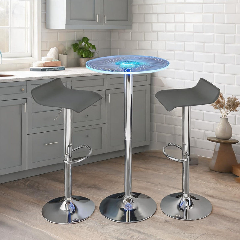 Ensemble de bar rond 3 pièces réglable avec plateau en acrylique lumineux, tabourets en similicuir gris classique, base en métal chromé