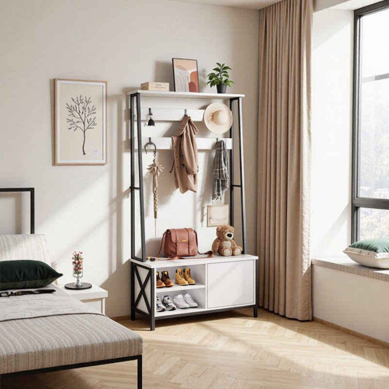 Arbre d'entrée blanc avec banc et rangement pour chaussures, 31,5 po x 15,8 po x 71 po