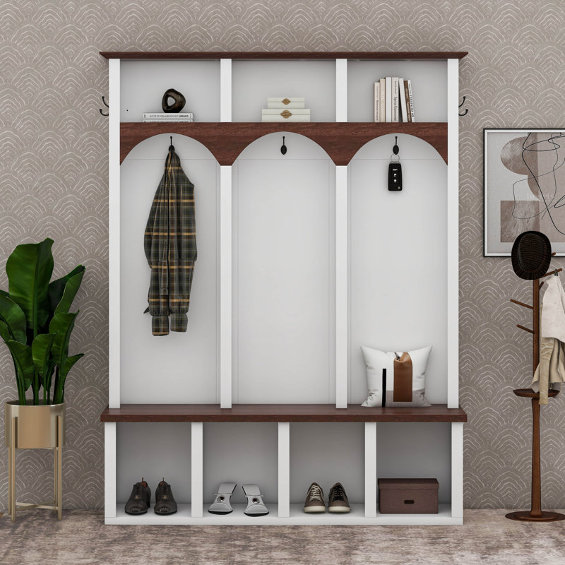 Farmhouse Wooden Hall Tree with Arched Design, 4-in-1 Entryway Storage Bench with 5 Hooks & 7 Cubbies, Rustic Mudroom Shoe Cabinet