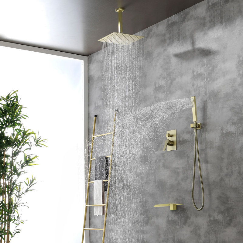 Ceiling Mount Shower Faucet Set With Tub Spout Square Showerhead Bathroom Rainfall Shower System Stainless Steel Shower Trim Kit 12 Inches