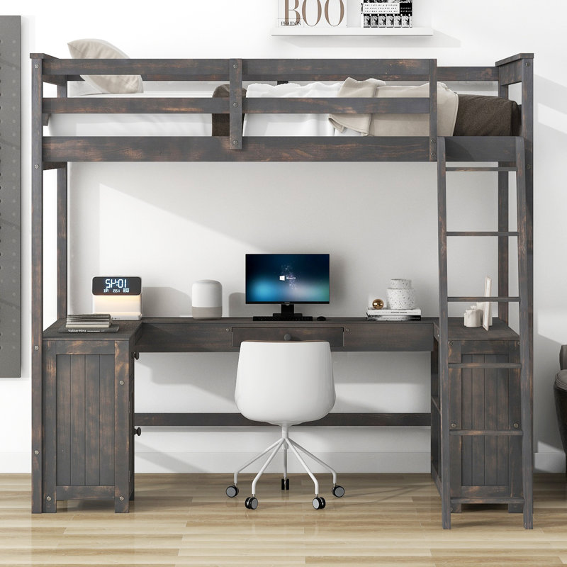 Lit mezzanine simple avec bureau en U, tiroirs et tablettes de rangement, brun antique