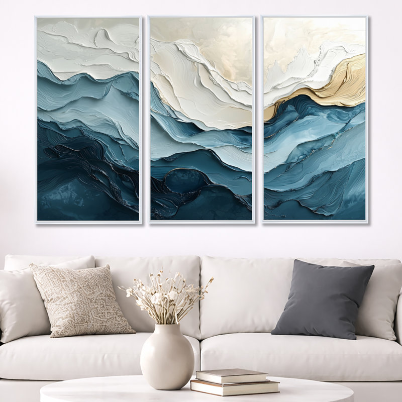 Ensemble 2 pièces d'art mural «White and Blue Marble Wave II», Toile encadrée flottée blanche, H 40 po x l 60 po x P 1 po
