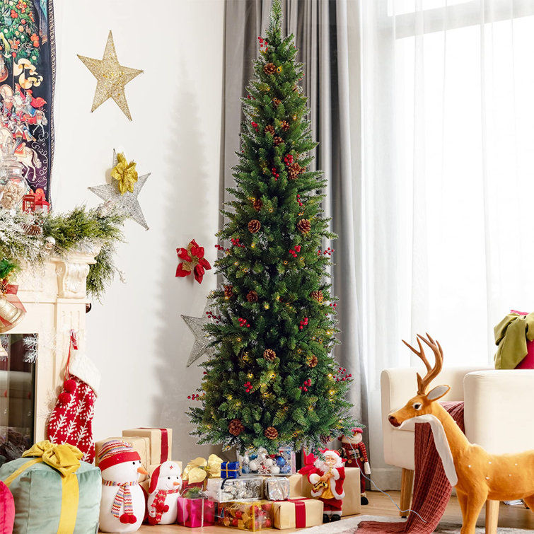 The Holiday Aisle® 7.5 Ft Pencil Christmas Tree, Hinged Fir Artificial Slim Christmas  Tree with 300 LED Lights Wayfair