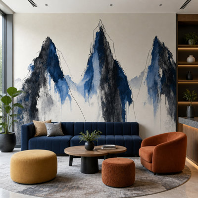 Fresque murale abstraite de montagne, lavis d'encre bleu indigo, art mural de paysage moderne