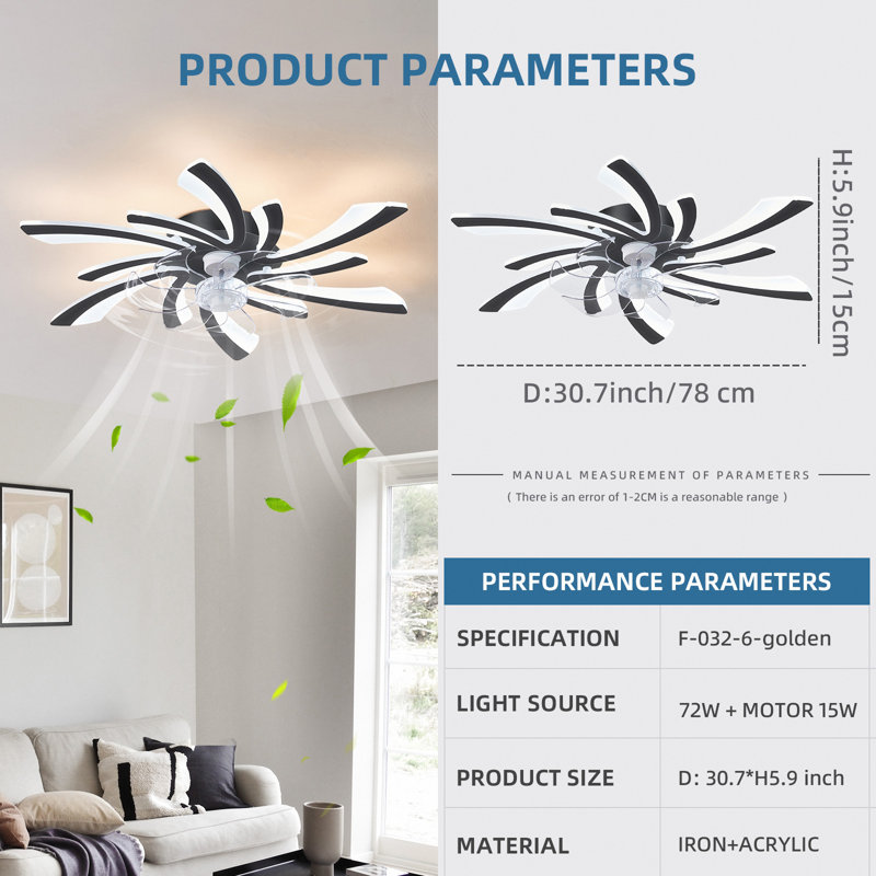 Ventilateur de plafond 30,7 po avec lumières, télécommande 3 températures de couleur, ventilateur à 6 vitesses, Noir