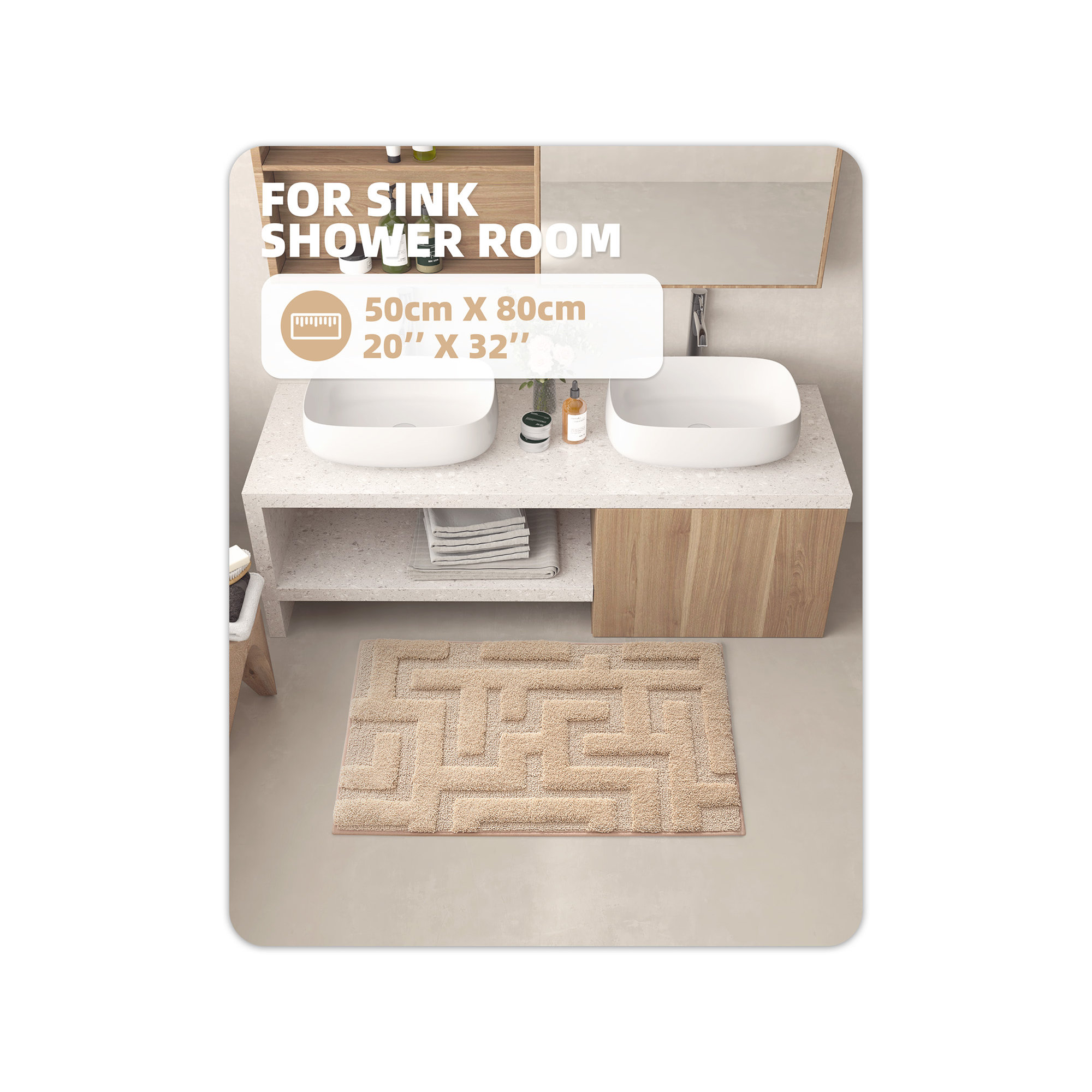 Non-Slip Bath Rug, 20" L x 32" W, Khaki