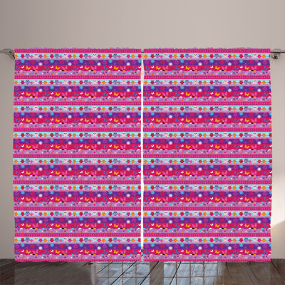 Rustic curtain, cartoon owls and flowers, multi -colored