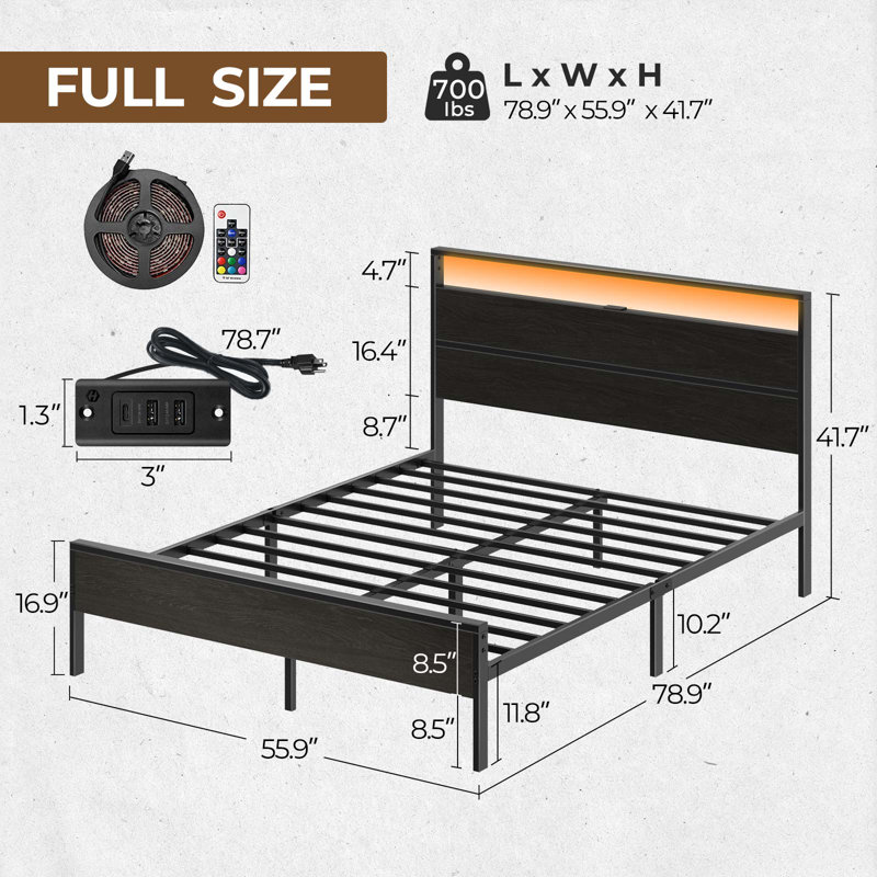 Full Metal Platform Bed with LED Lighted Wood Headboard and Charging Station