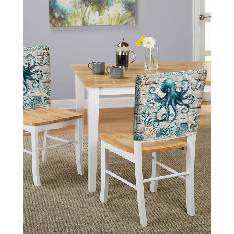 Housses de chaises de salle à manger - Bleu sarcelle - Pieuvre côtière et étoile de mer, amovible, housse, ensemble de 4