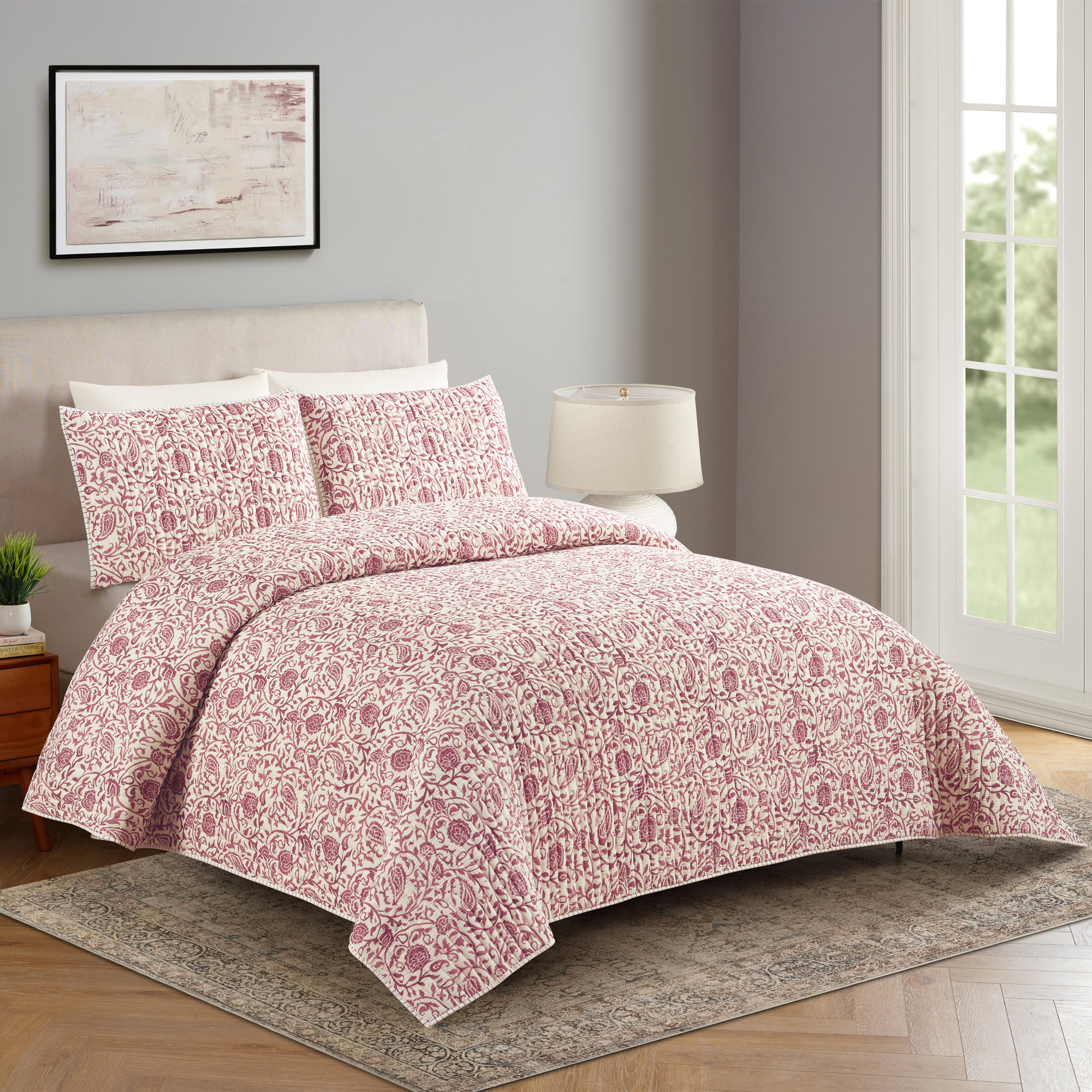 Eden Paisley 3-Piece Reversible Quilt Set, Full/Queen Quilt + 2 Standard Shams, Burgundy Purple