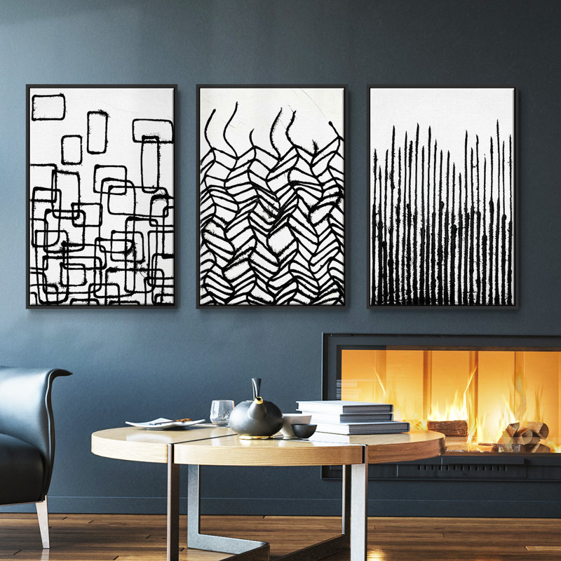 Ensemble de 3 pièces encadrées sur toile imprimées Effervescence I, Noir, H 36 po x l 72 po