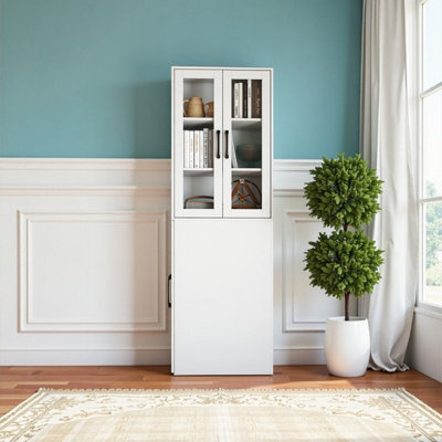 Bibliothèque vitrée à 4 niveaux avec tablettes coulissantes, rangement compact