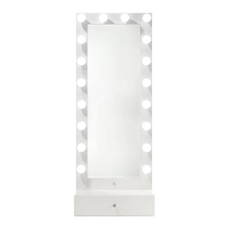 1Pc Glam Tall Lighted Mirror With Drawer Box Beveled Mirror Crystal Knob Glossy White Finish Vanity