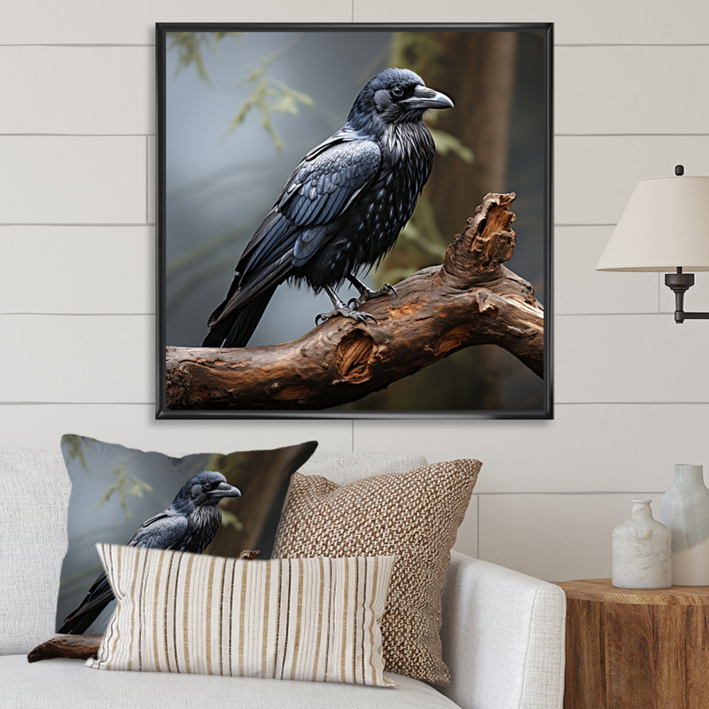 Mysterious Raven Guardian II - Art mural animal corbeau, Cadre flottant noir, H 16 po x l 16 po x P 1 po