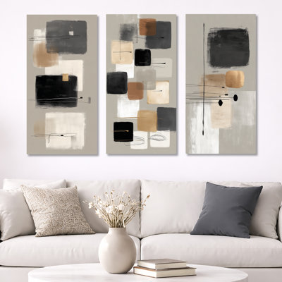 Formes noires avec mélange minimaliste abstrait gris II - art mural contemporain 3 pièces
