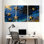 Étoiles d'or, ciel bleu, constellations, lune, vagues de l'océan, ensemble de 3 impressions sur toile