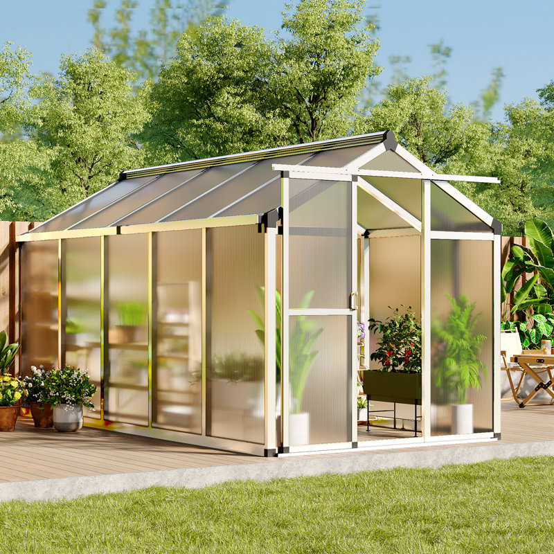 Serre en polycarbonate résistant aux intempéries GarveeHome pour cadre extérieur en aluminium durable, porte verrouillable coulissante, évent de toit réglable
