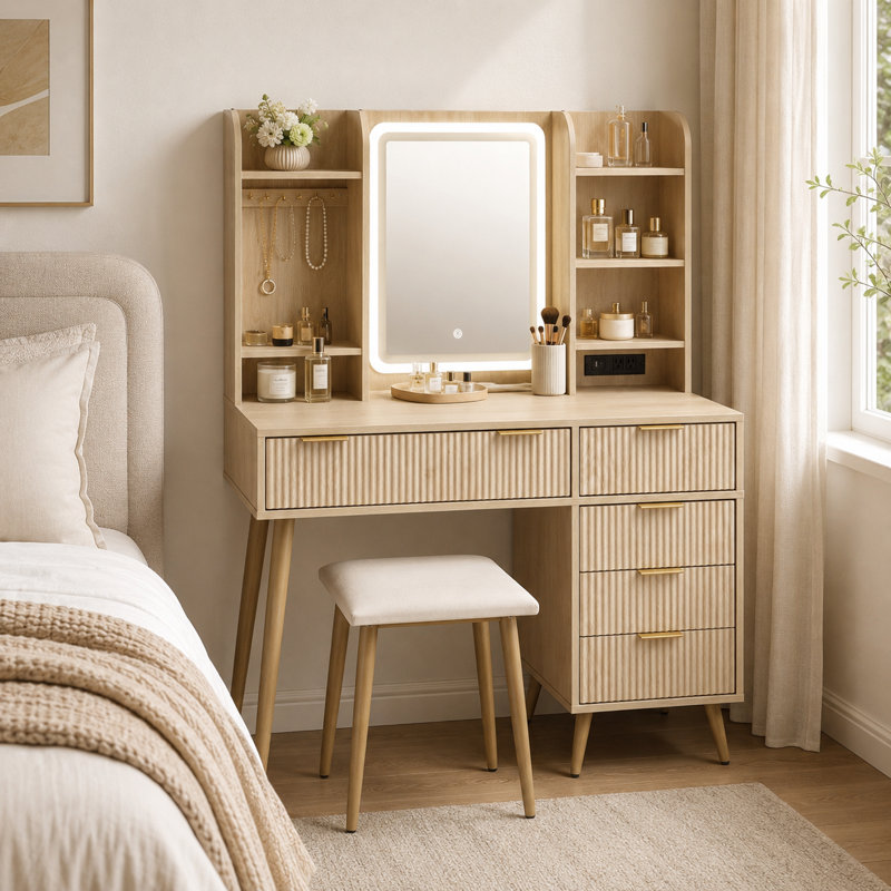 Coiffeuse Smart Storage avec miroir lumineux et prise de recharge
