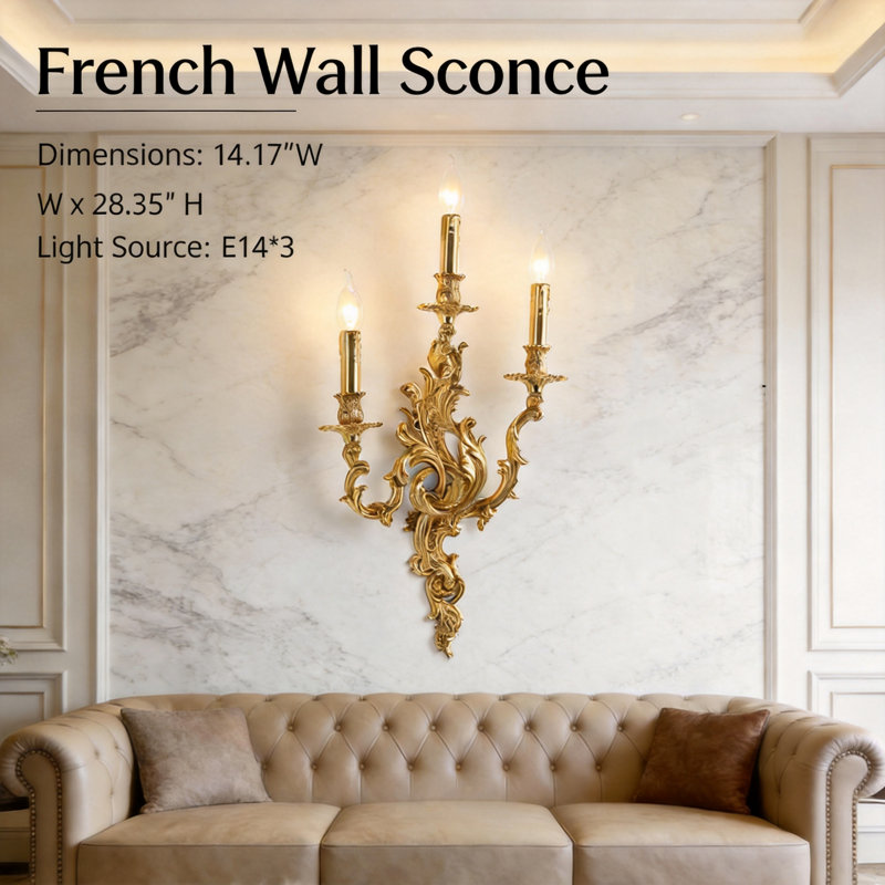 Applique murale en laiton massif à 3 lumières 28 po Vintage Candleabra