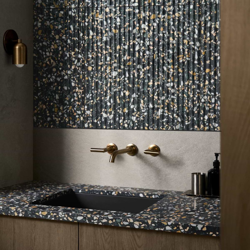 Terrazzo Italy Fluted 12x24 Honed Terrazzo Tile, Cava Nott Black