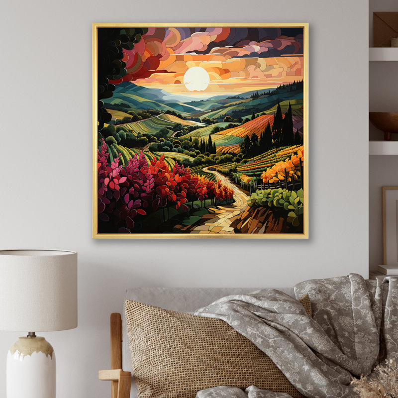 «Vineyard Sunset Rows Of Ruby Landscape I», reproduction sur toile, H 24 po x l 24 po x P 1 po, Cadre flottant doré