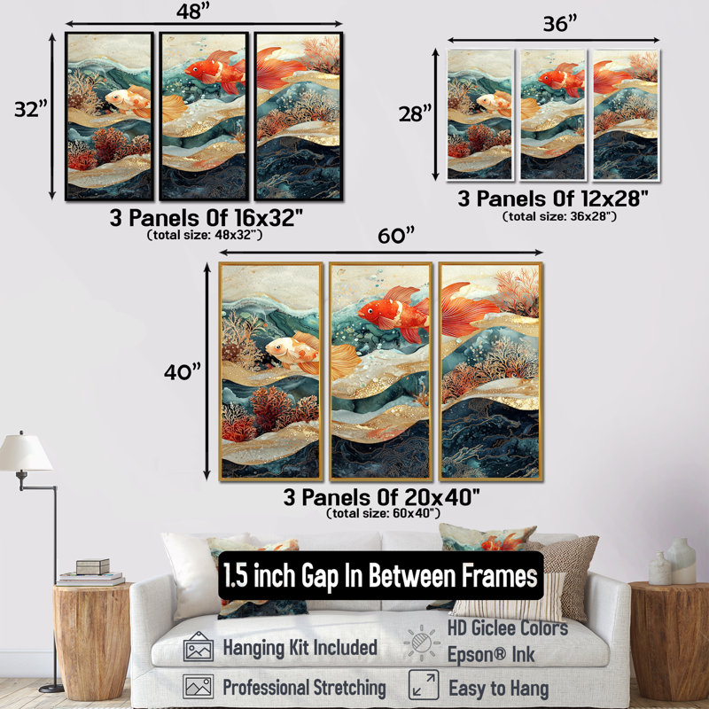 «Coastal Fish Friends Above A Coral I» - Art mural corail - ensemble de 3, H 32 po x l 48 po, Érable