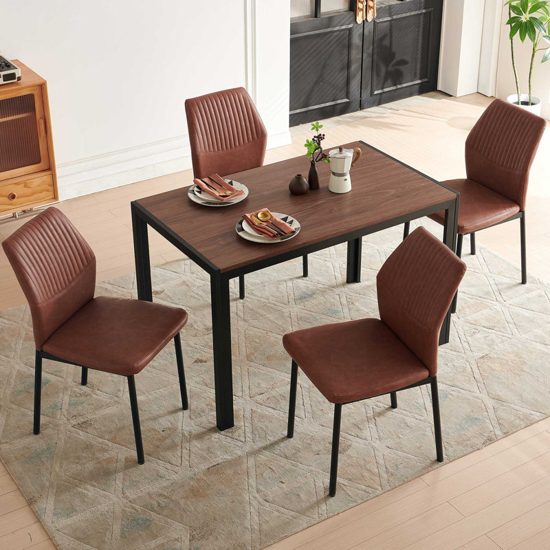 47" Kitchen Table And Chairs Set,Walnut Table With 4 Faux Leather Chairs For Dining Room Kitchen Apartment - Brown, Brown