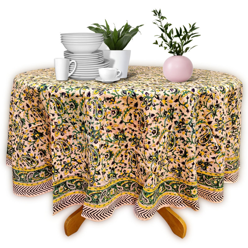 Block Print Floral Cotton Round Tablecloth, Purple/Blue