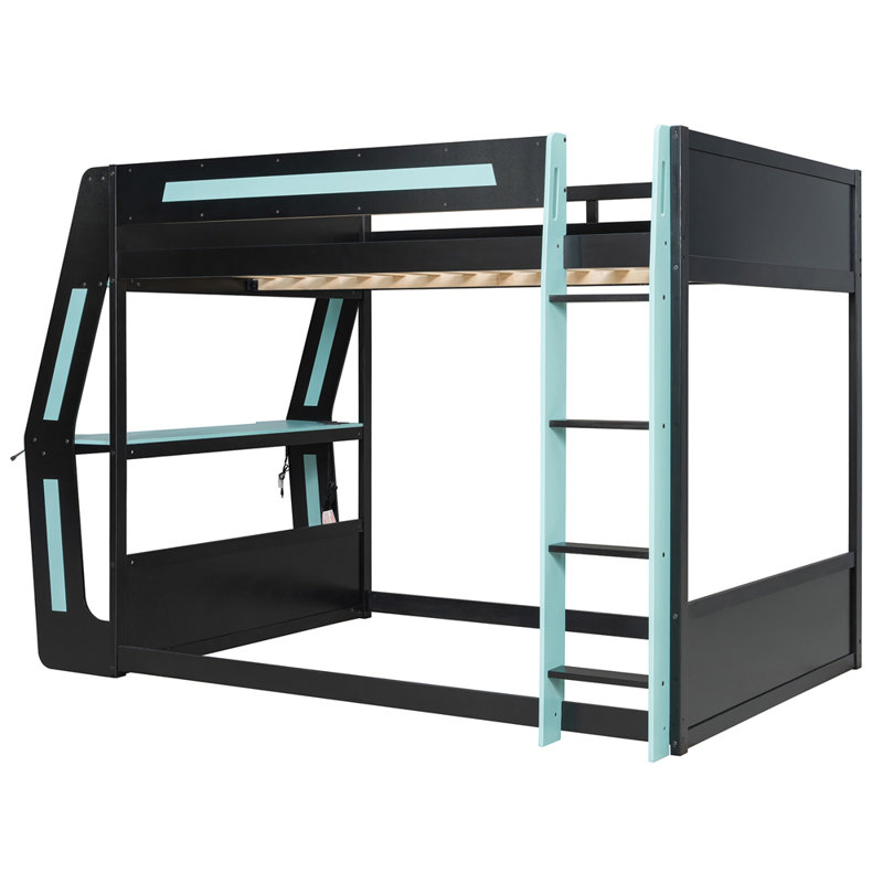 Lit superposé double pleine grandeur avec bureau RVB surdimensionné monté sur le côté, ports de charge USB et œillet à câble, bande lumineuse à DEL